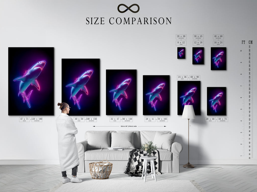 Size comparison chart in an interior setting. Visualize how different sizes of artwork will look. This chart helps you choose the perfect size for your space. Compare sizes to find the ideal fit. Make an informed decision with this helpful guide.