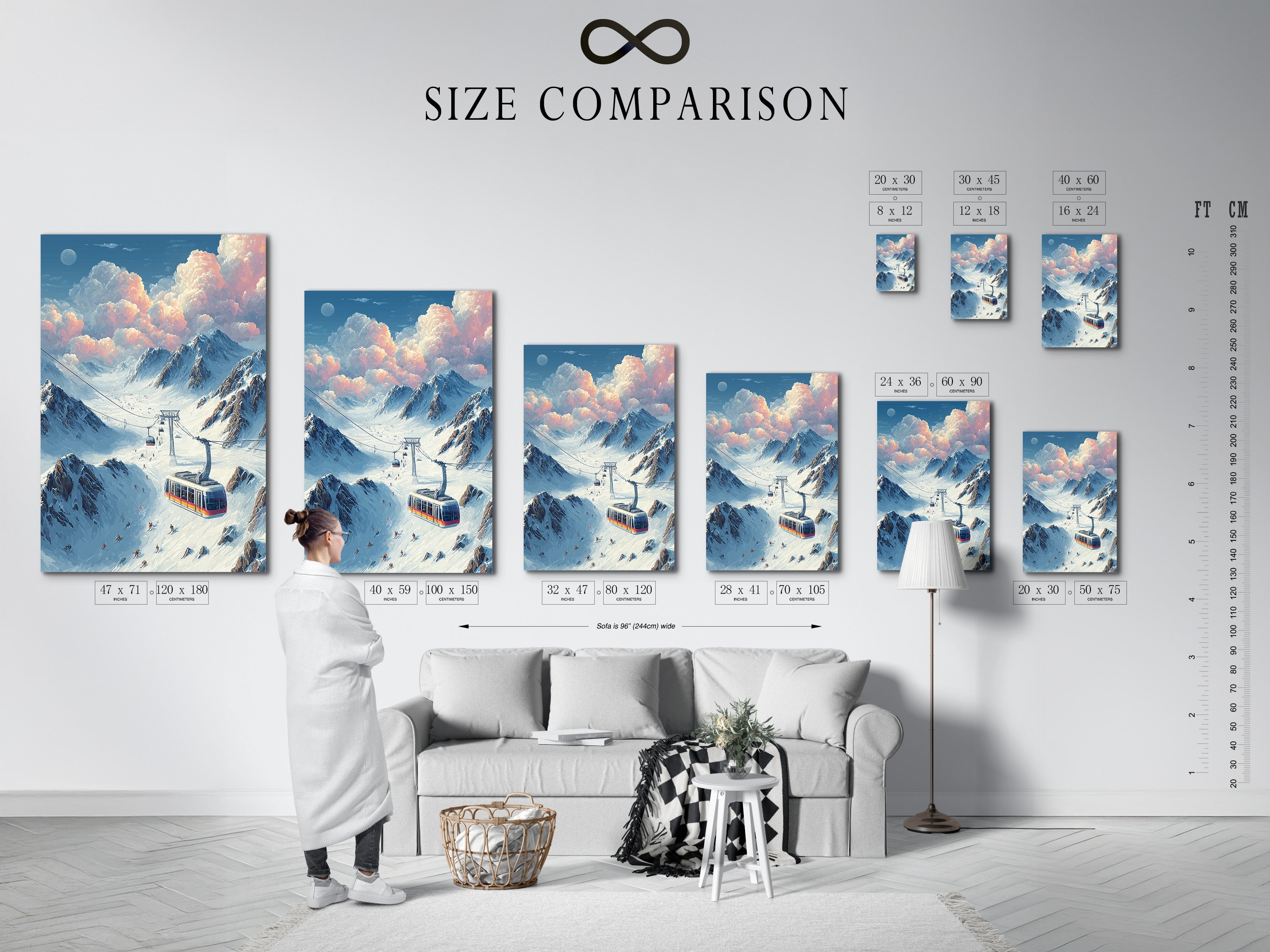 A size comparison chart displayed in an interior setting features vintage ski lift art. The chart helps visualize how different sizes fit in various spaces. This is helpful for selecting the perfect mountain artwork for any room. It ensures the artwork complements the space.