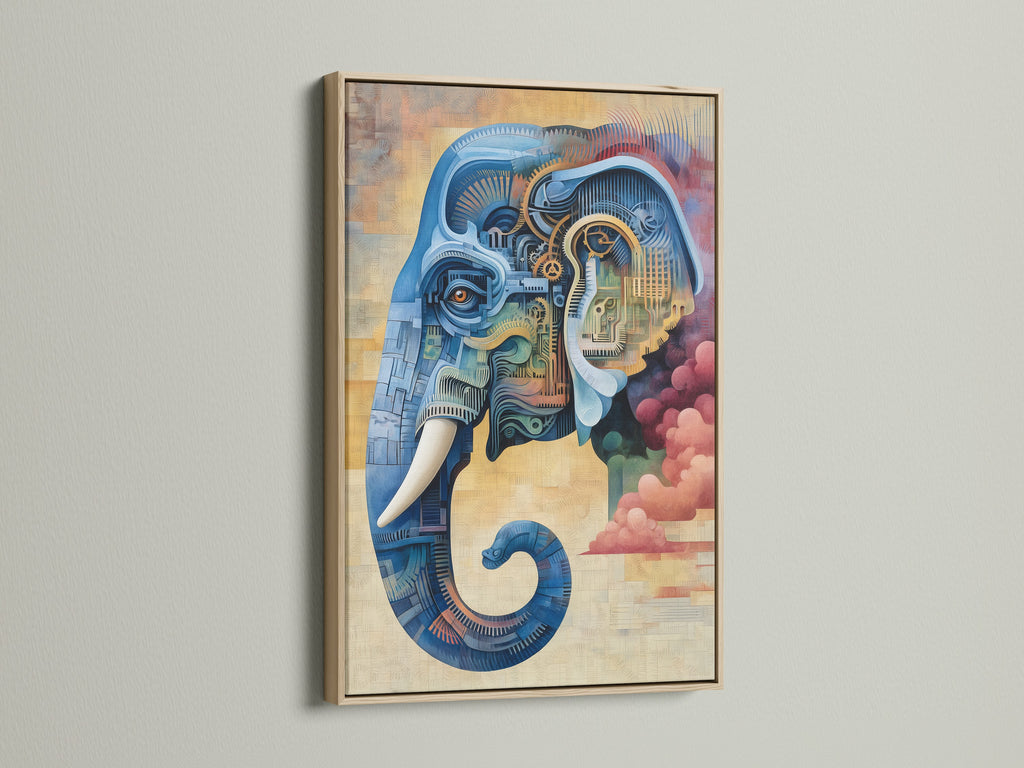 This industrial wall art showcases a steampunk elephant in an oak frame. The mechanical animal artwork combines blue and pink colors. It is ideal for office and home spaces seeking a unique aesthetic. Add a touch of fantasy to any room.