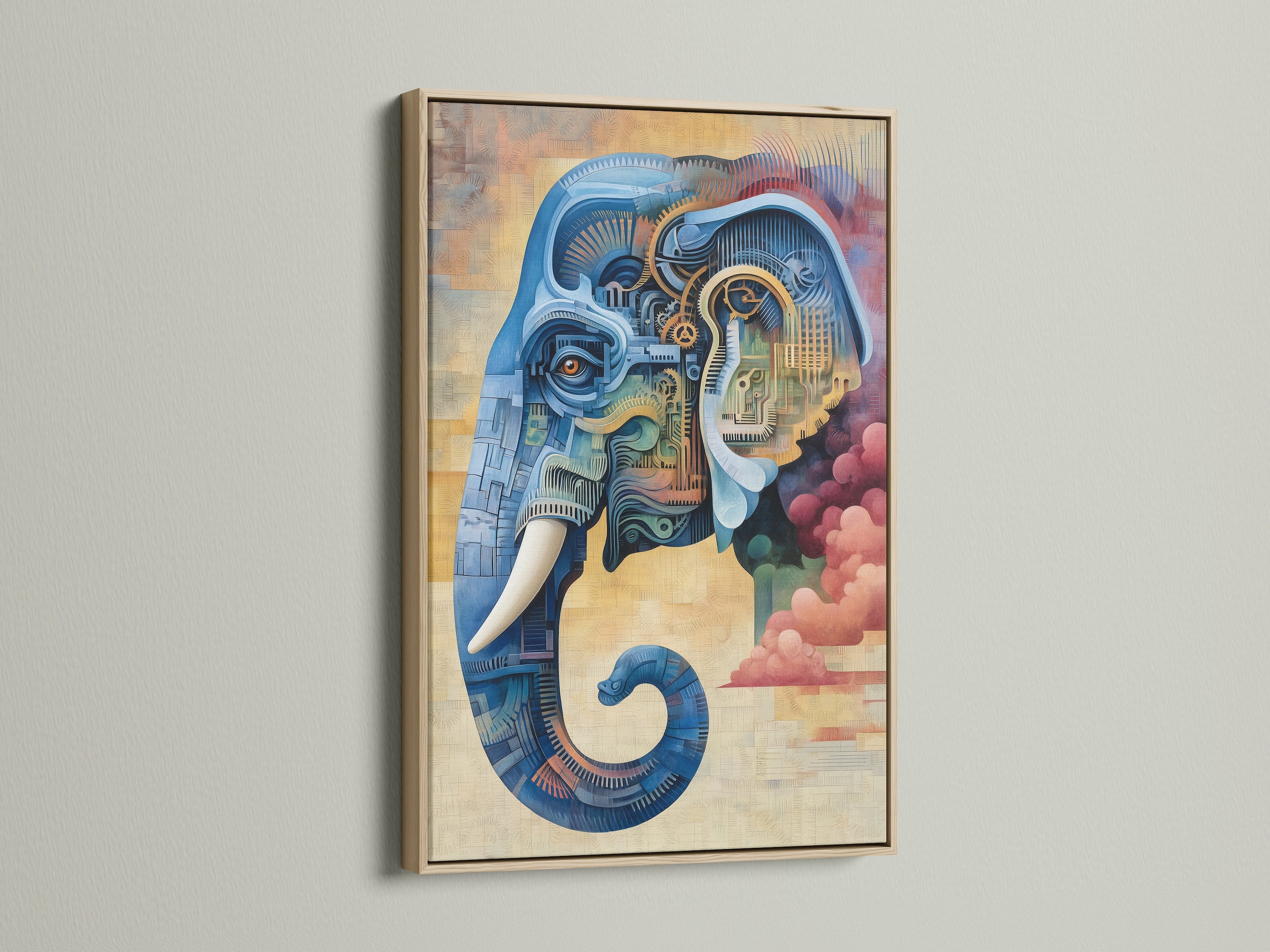 This industrial wall art showcases a steampunk elephant in an oak frame. The mechanical animal artwork combines blue and pink colors. It is ideal for office and home spaces seeking a unique aesthetic. Add a touch of fantasy to any room.