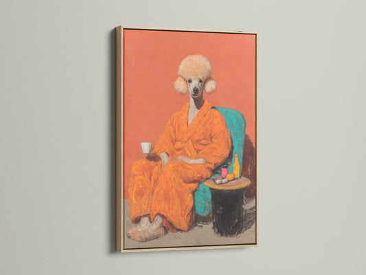 Poodle Portrait Canvas Print in an oak frame. This animal portrait art is quirky and fun. It is surreal dog art that adds color to your walls. Great as living room art bedroom decor or in a pet grooming salon.