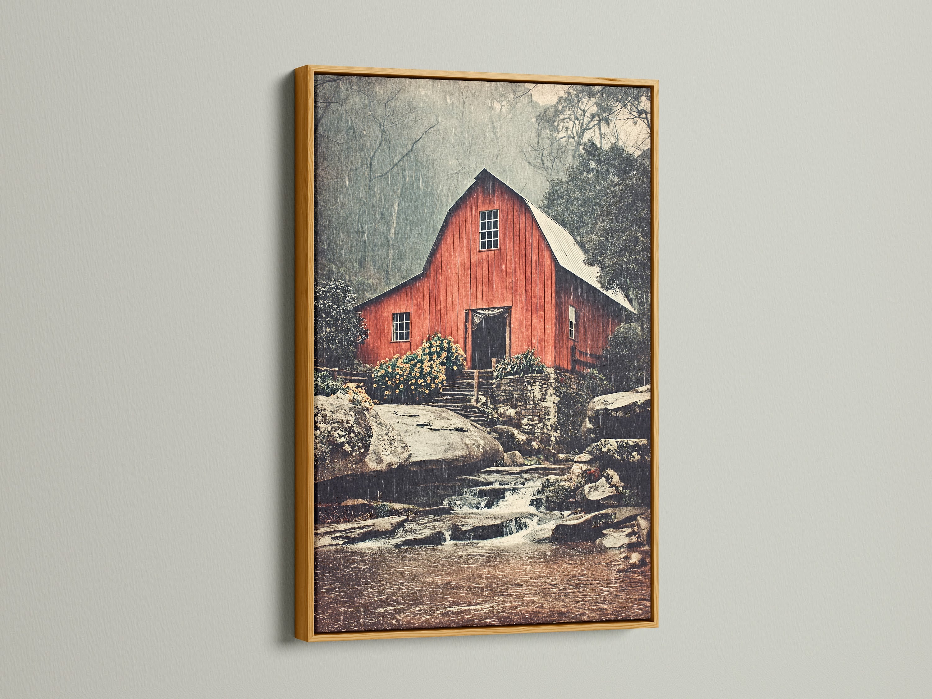 A gold frame accents the red barn artwork. This selection offers a luxurious touch to this country landscape. Add farm wall art to your home with this vintage poster. A stunning piece for any wall.