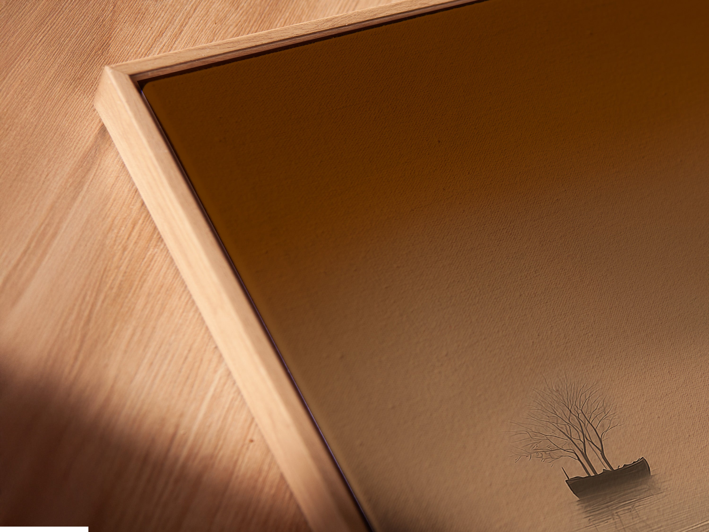 A close-up angled view of a canvas print in a floating frame. The floating frame creates a modern and sophisticated look. The canvas appears to float within the frame. It adds depth and dimension to the artwork. Perfect for contemporary art.