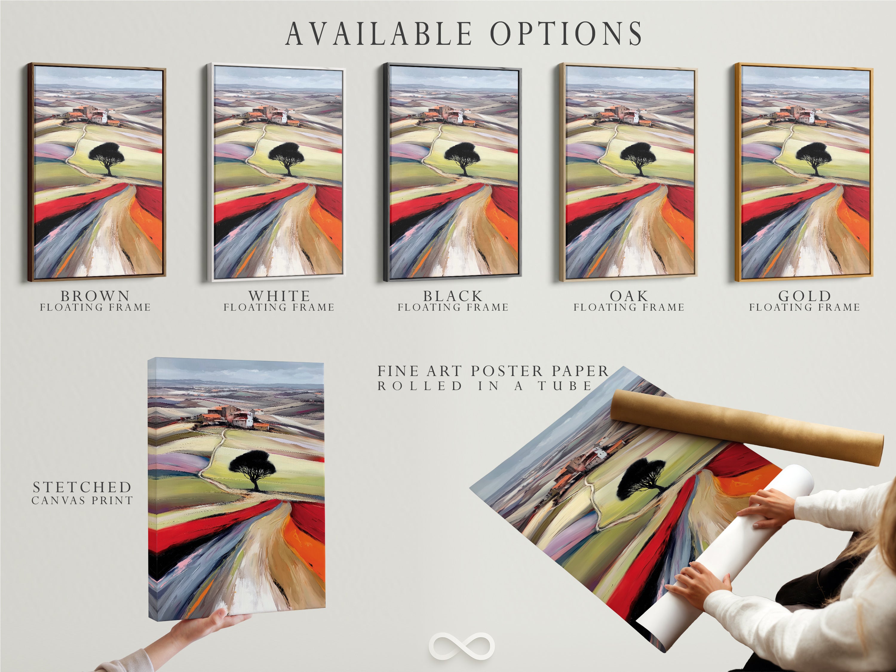Available options for the Tuscany Landscape artwork. Choose between a stretched canvas print a fine art poster paper or a floating frame. Customize your artwork to suit your style. Enhance your space with Italian countryside wall art.