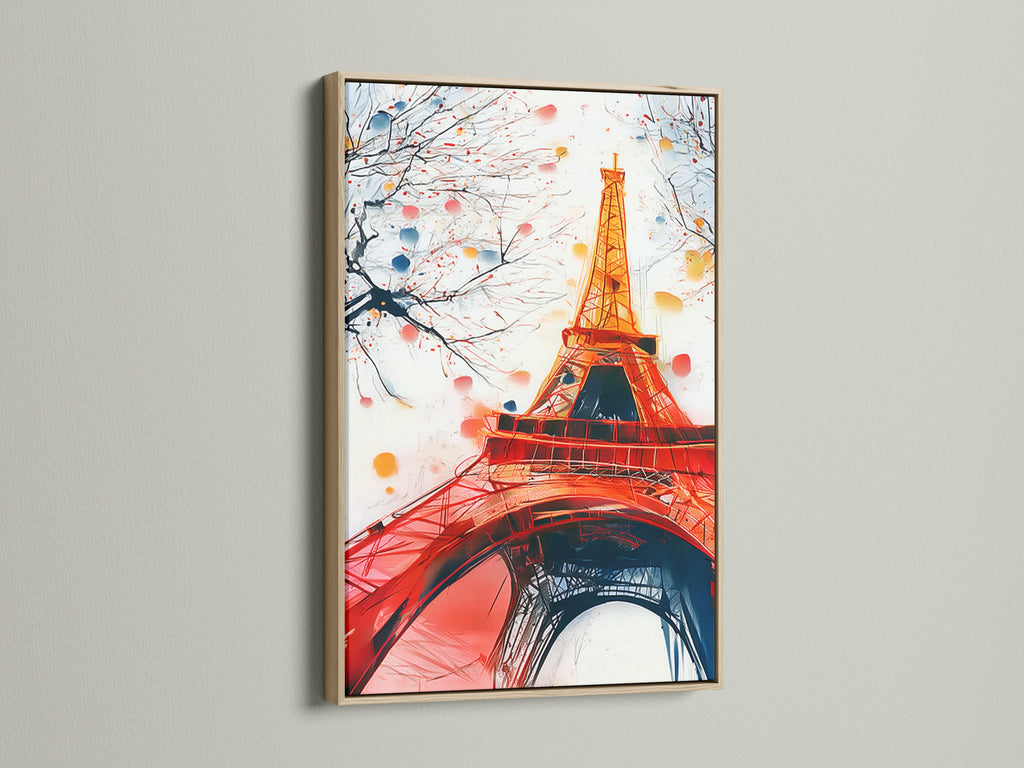 Eiffel Tower art in an oak frame. A close-up showcases the natural wood grain and how it complements the Parisian artwork. This is ideal French decor for living room wall art or bedroom wall decor.
