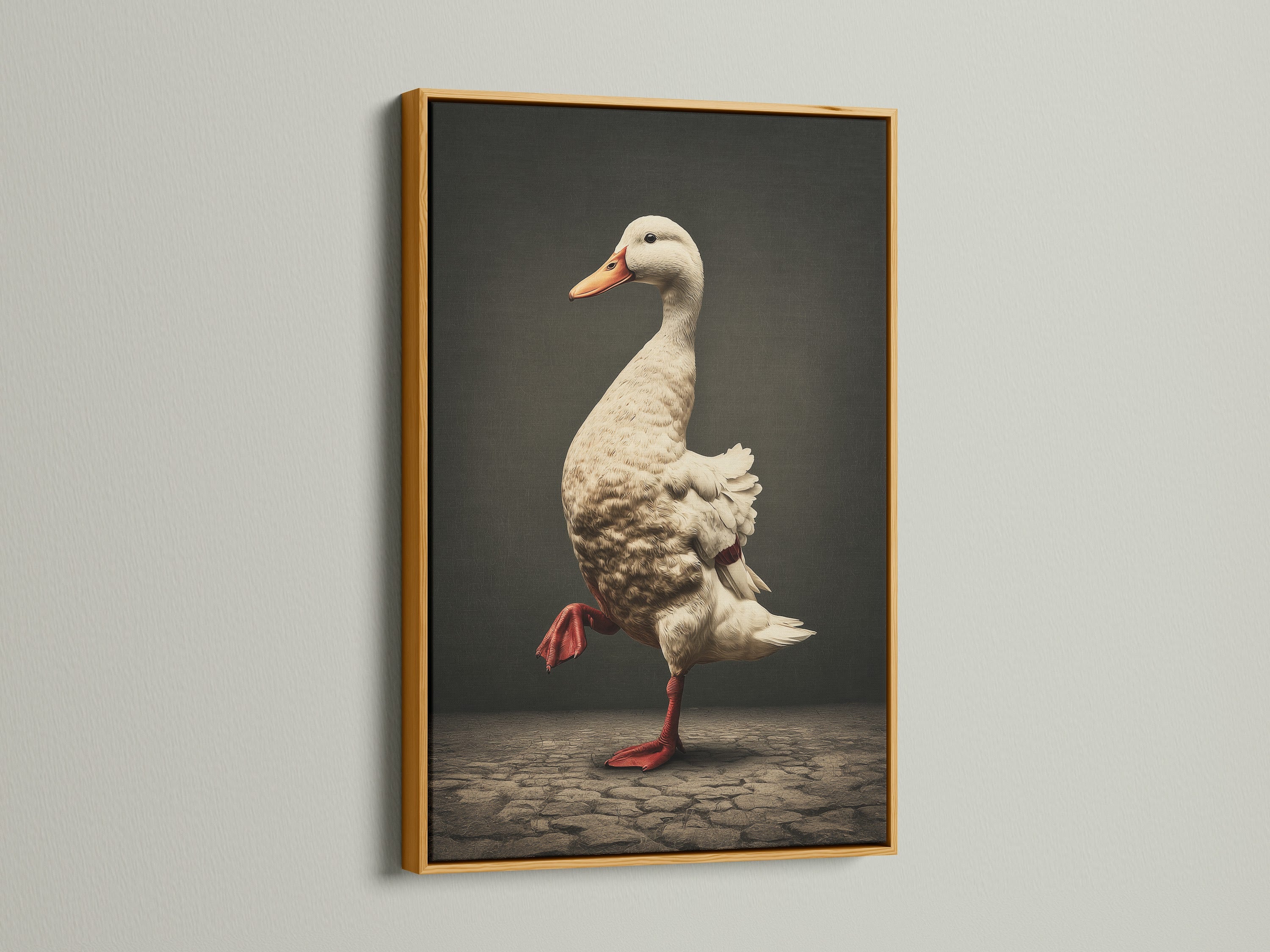 Vintage Duck Canvas Artwork in a gold frame. This artwork features a duck wearing red boots. The gold frame adds elegance to this whimsical piece. It's perfect for farmhouse decor. The art enhances country wall decor.