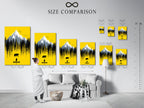 A size comparison chart in an interior setting featuring the Mountain Bear artwork. See how different sizes fit your space. This yellow landscape art can transform any room. Visualize the perfect size for your walls.