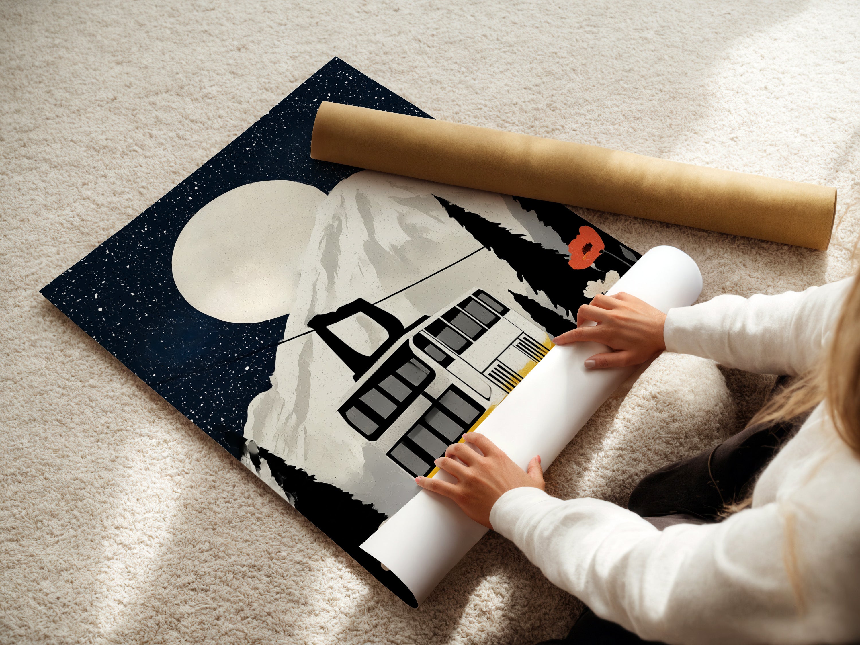 A woman carefully rolls a fine art poster paper. The Mountain Railway art print is perfect for vintage travel art. Ideal for alpine wall decor or train canvas art. Enhance your mountain decor with a railway poster or adventure art.