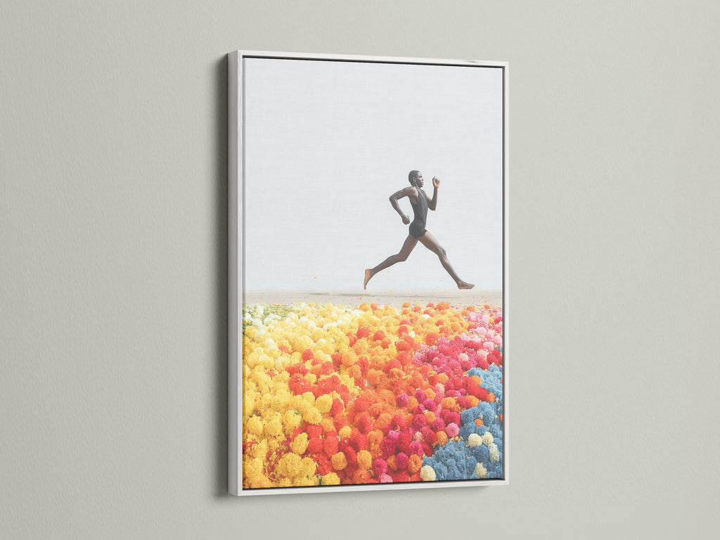 Runner Canvas Print in a clean white frame. The artwork shows an energetic pose. This modern fine art print brings a fresh aesthetic to office wall decor. View our running poster and athlete decor choices.