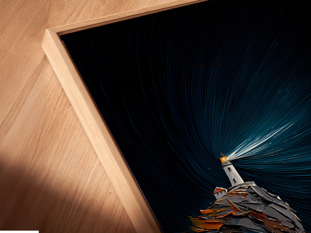 Close-up angled view of a canvas print in a floating frame. Showcasing the texture and depth of the lighthouse artwork. The floating frame adds a modern touch. Ideal for adding refined maritime wall art.