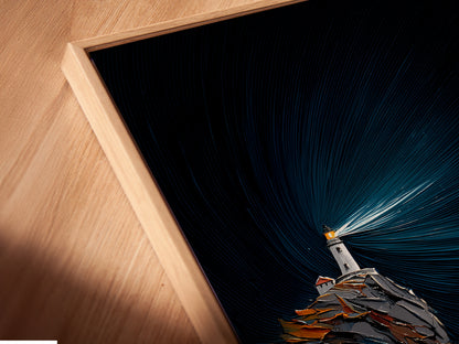 Close-up angled view of a canvas print in a floating frame. Showcasing the texture and depth of the lighthouse artwork. The floating frame adds a modern touch. Ideal for adding refined maritime wall art.