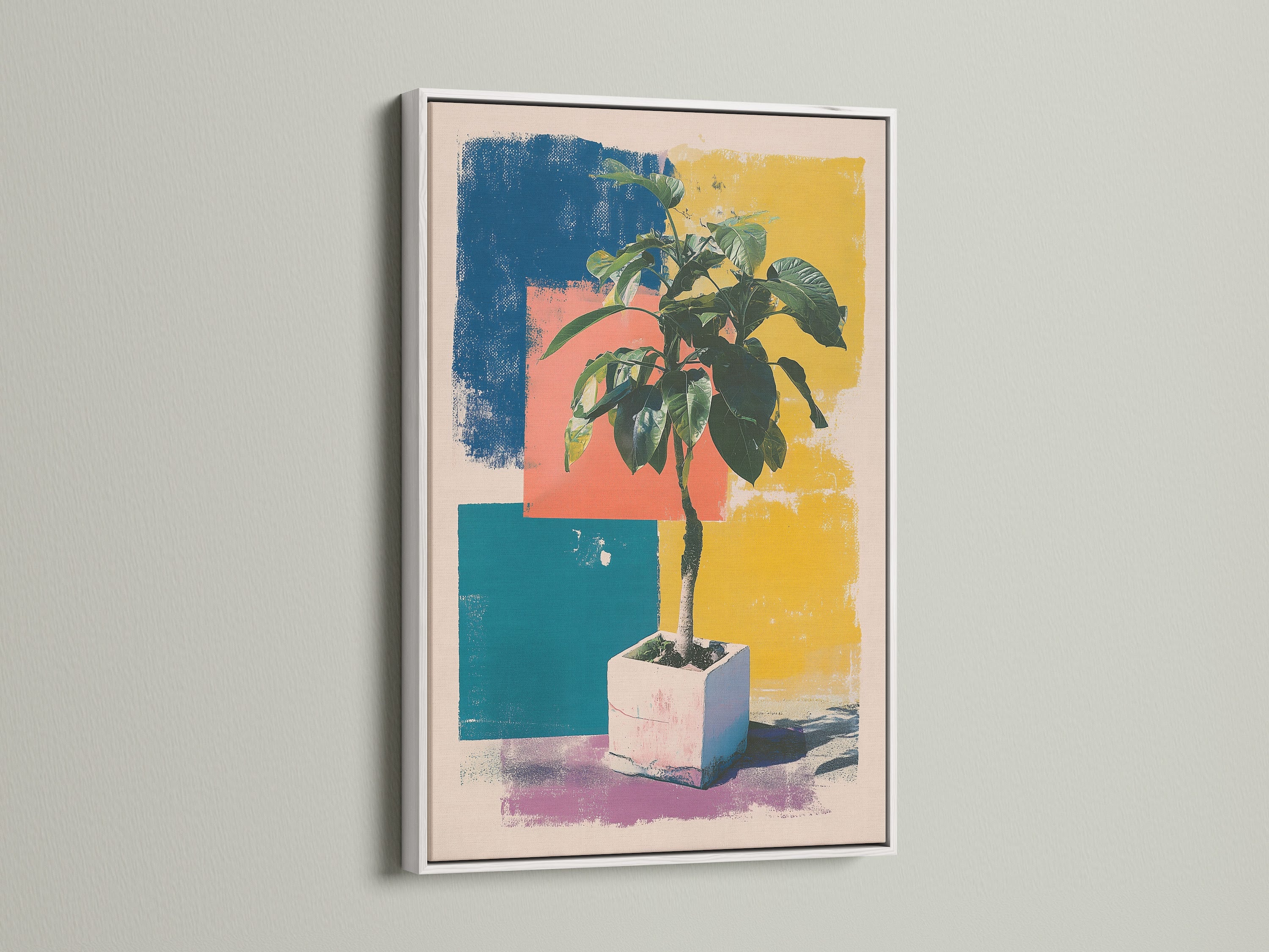 A striking plant artwork is presented in a white frame. The artwork is displayed against a white wall. The white frame enhances the artwork's colors. Explore our white frame options for a modern look. Transform your home with our art prints.