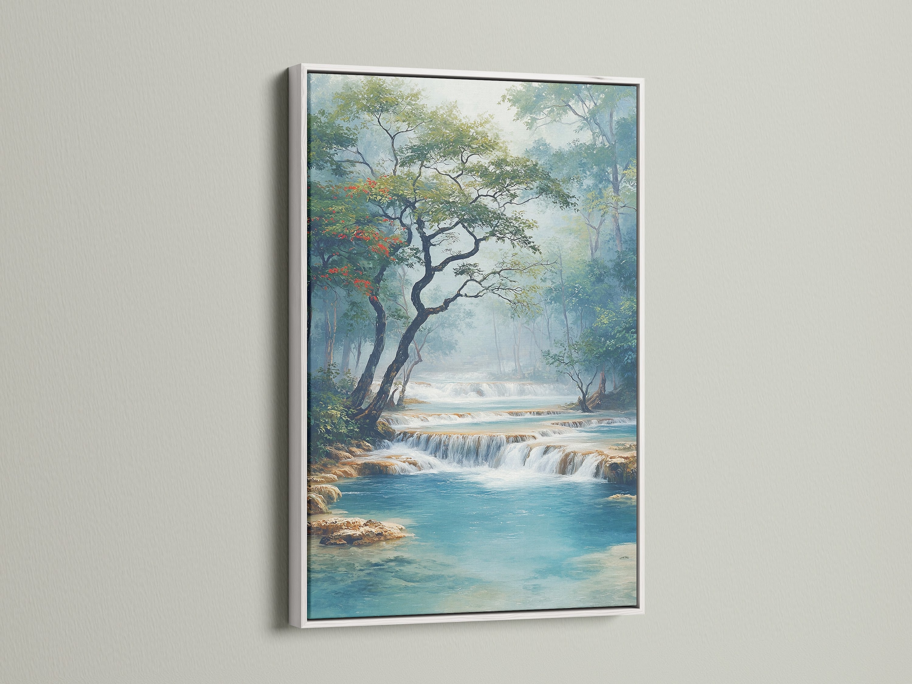 Waterfall artwork with a white frame is featured. The white frame accentuates the turquoise wall art. Ideal for a study room or any space needing serene decor. The cascade art adds a tranquil touch.