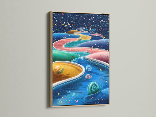 Whimsical snail artwork in an oak frame. The art features a colorful abstract design. Ideal for kids room decor. The turquoise blue artwork enhances any space. It brings a sense of fun and imagination to nurseries and playrooms.