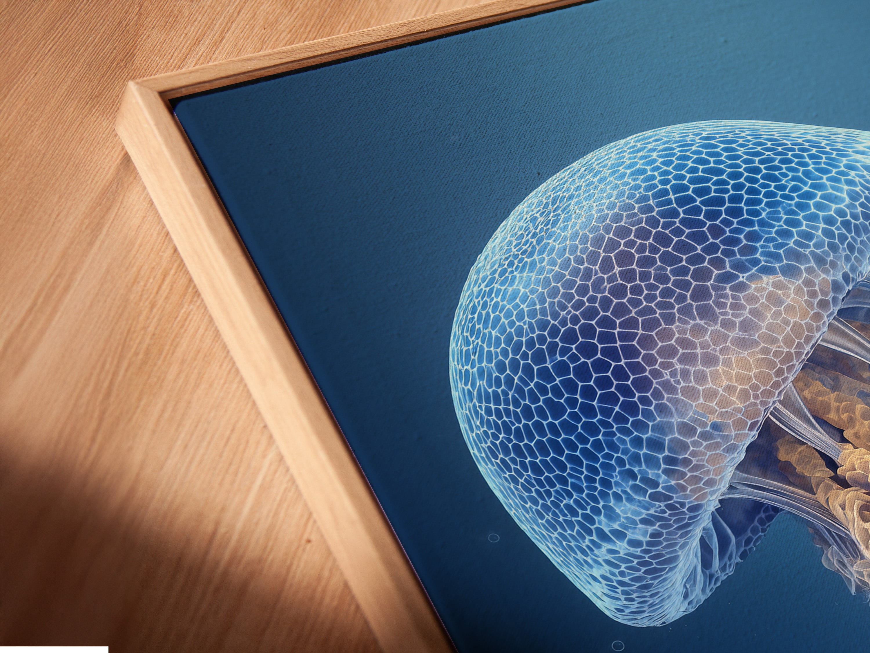 Close-up of a canvas print in a floating frame. The canvas appears to float. This frame adds depth to the art. The floating frame provides a unique look. It enhances the canvas texture. The print stands out beautifully. This framing style is very modern. Display your art in a stylish way. It gives a gallery-like feel. Perfect for showcasing artwork.