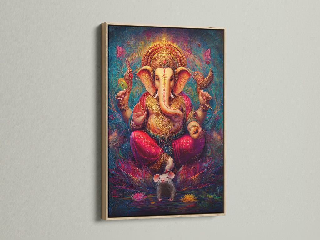 Ganesha Canvas Print displayed in an oak frame. This spiritual wall decor is perfect for a meditation room. The Hindu God canvas adds bohemian art to any space. This sacred artwork features an elephant god print. It brings colorful spiritual art to your home.