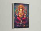 Ganesha Canvas Print displayed in an oak frame. This spiritual wall decor is perfect for a meditation room. The Hindu God canvas adds bohemian art to any space. This sacred artwork features an elephant god print. It brings colorful spiritual art to your home.