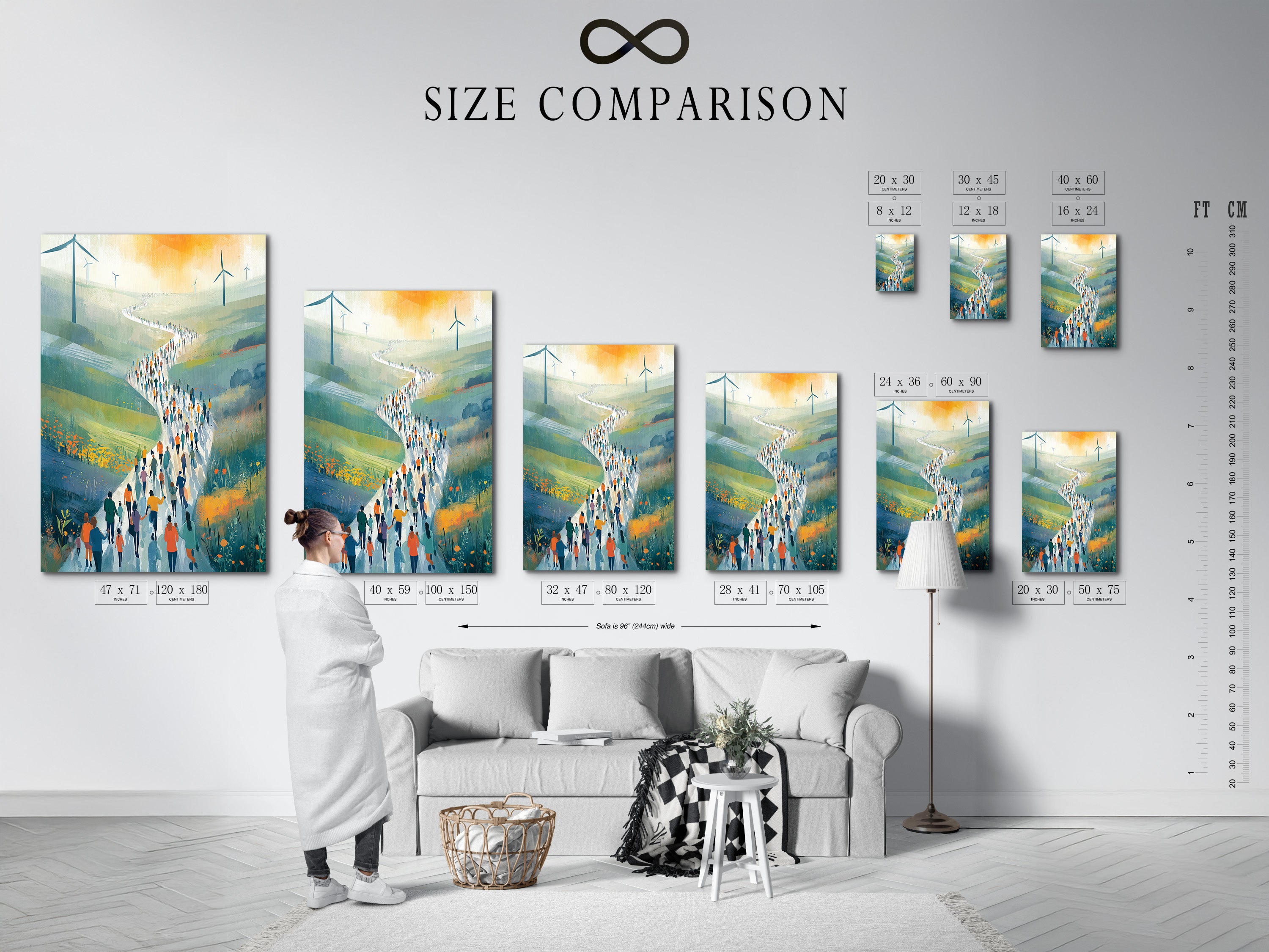 Wind Farm Migration Art - Modern Landscape Print, People Walking Path Through Rolling Hills, Green Energy Wall Art, Contemporary