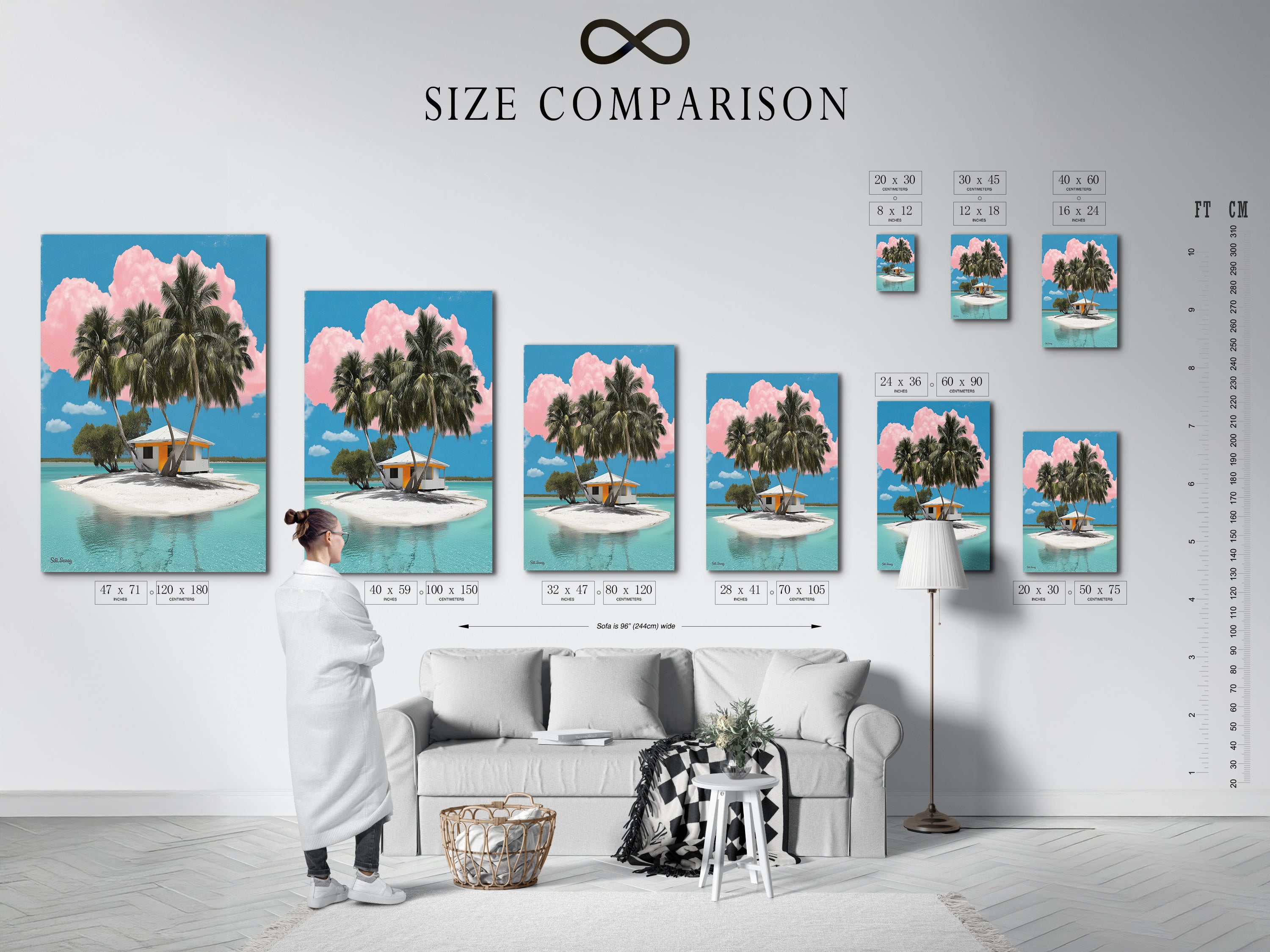 Visualize the perfect fit with our size comparison chart in a home interior. See how our coastal artwork enhances your living space. From small accents to large statement pieces we have the ideal size. Transform your home with our tropical island artwork.