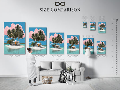 Visualize the perfect fit with our size comparison chart in a home interior. See how our coastal artwork enhances your living space. From small accents to large statement pieces we have the ideal size. Transform your home with our tropical island artwork.