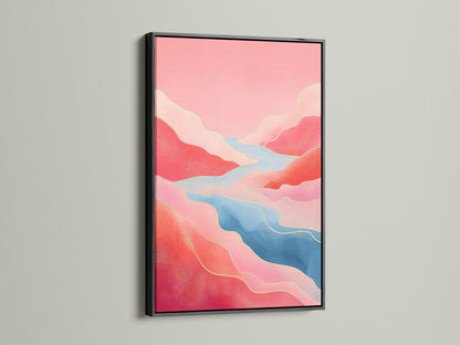 A black frame accentuates this modern landscape decor. The coral wall art and abstract river create a stunning focal point. This nature wall decor complements any contemporary or eclectic space.