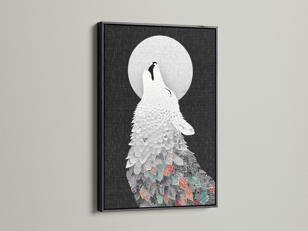 The Wolf Howling at the Moon art print is presented in a sleek black frame. The dark frame accentuates the boho animal art. This piece would make a bold statement in any room as wall decor. It is suitable for various interior styles.