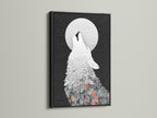 The Wolf Howling at the Moon art print is presented in a sleek black frame. The dark frame accentuates the boho animal art. This piece would make a bold statement in any room as wall decor. It is suitable for various interior styles.