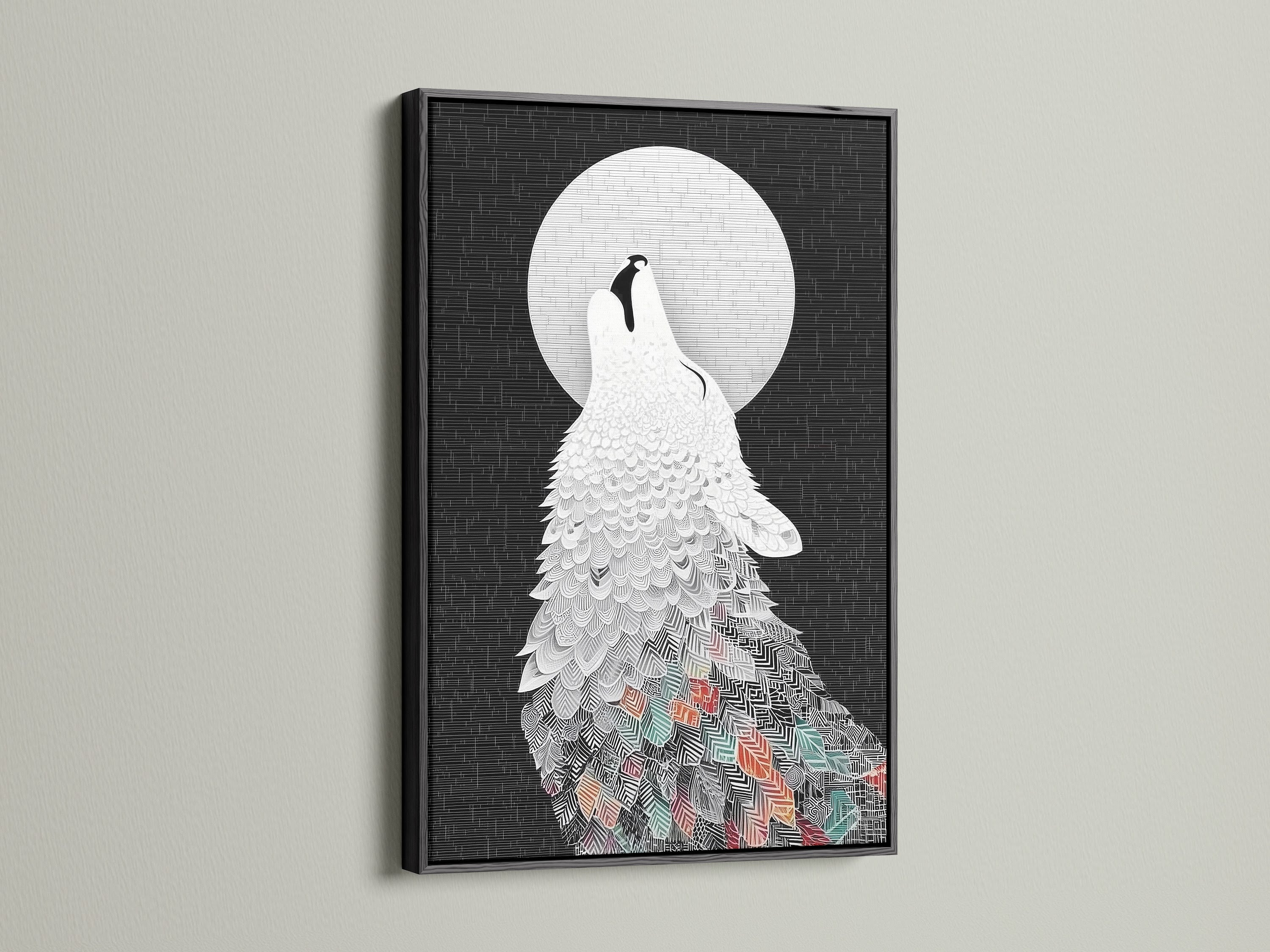 The Wolf Howling at the Moon art print is presented in a sleek black frame. The dark frame accentuates the boho animal art. This piece would make a bold statement in any room as wall decor. It is suitable for various interior styles.