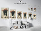 A size comparison chart displayed in an interior setting. This chart helps you visualize the different sizes of artwork. See how various sizes fit in your space. Find the perfect size to complement your room decor. Make informed art purchases with our helpful size guide.
