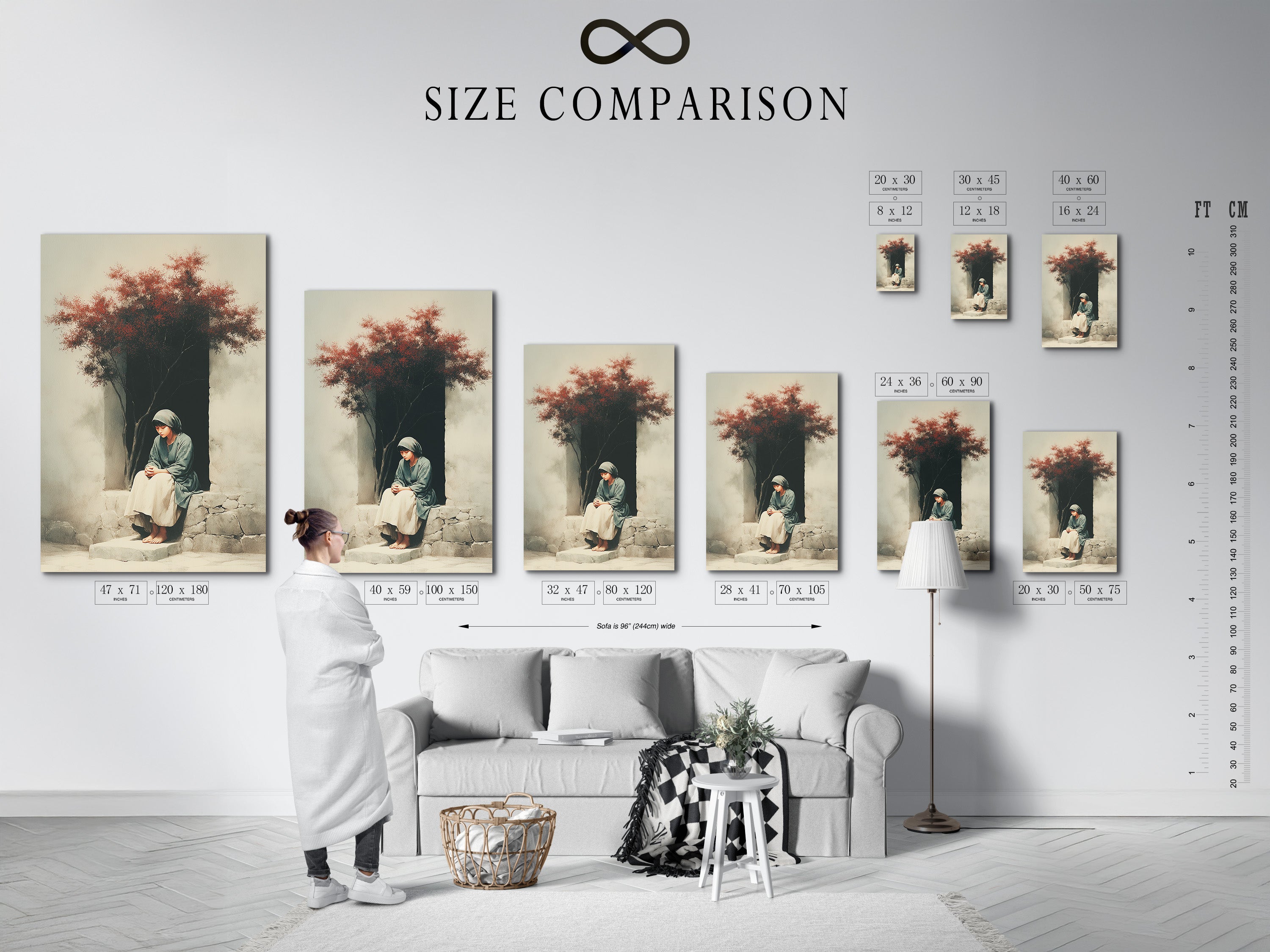 A size comparison chart displayed in an interior setting. This chart helps you visualize the different sizes of artwork. See how various sizes fit in your space. Find the perfect size to complement your room decor. Make informed art purchases with our helpful size guide.