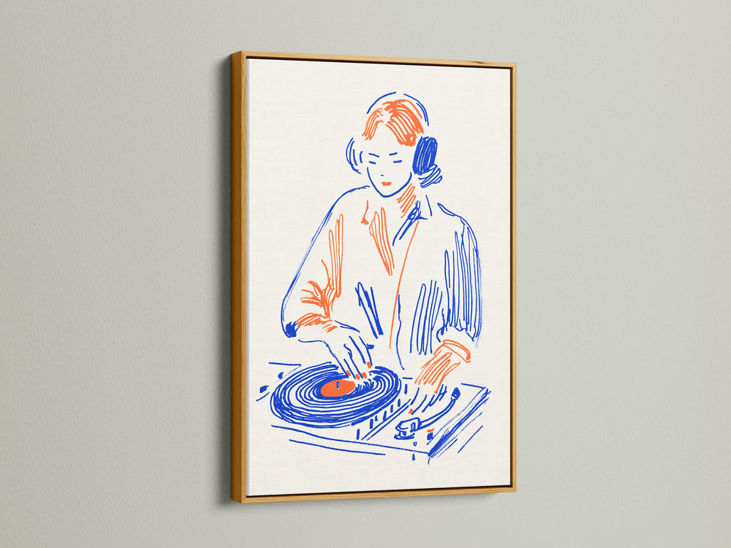 DJ Turntable artwork in a gold frame. This retro music art is perfect for studio wall art. It makes a thoughtful gift for music producers. The primary colors are blue and orange. This artwork is perfect for studio wall art or dorm decor. Enhance your space with this unique piece.