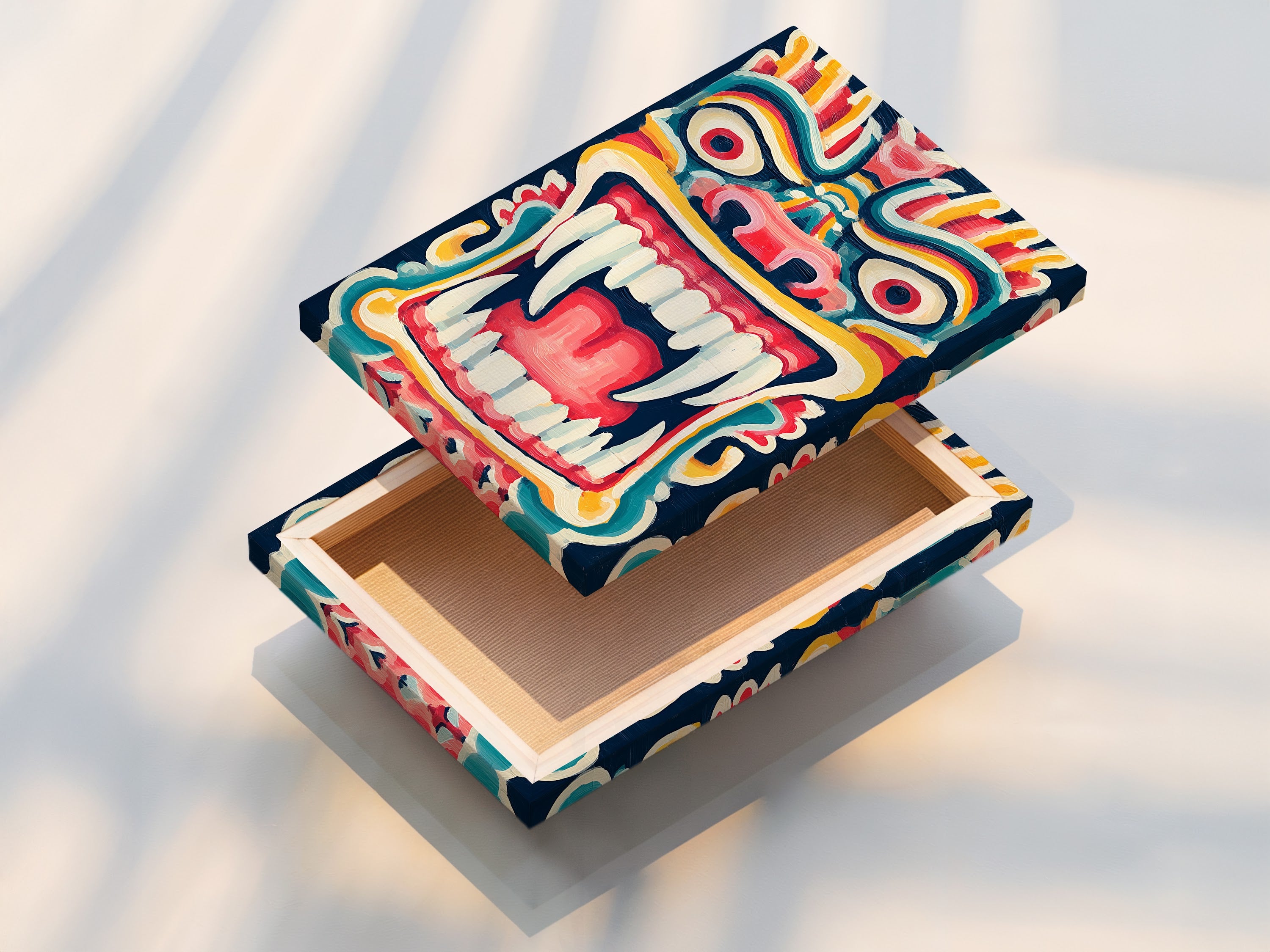 A stretched canvas print of tribal mask art. This folklore print is ready to hang. The colorful artwork adds vibrancy to your home. This graphic print enhances eclectic decor. Enjoy this mask canvas art.