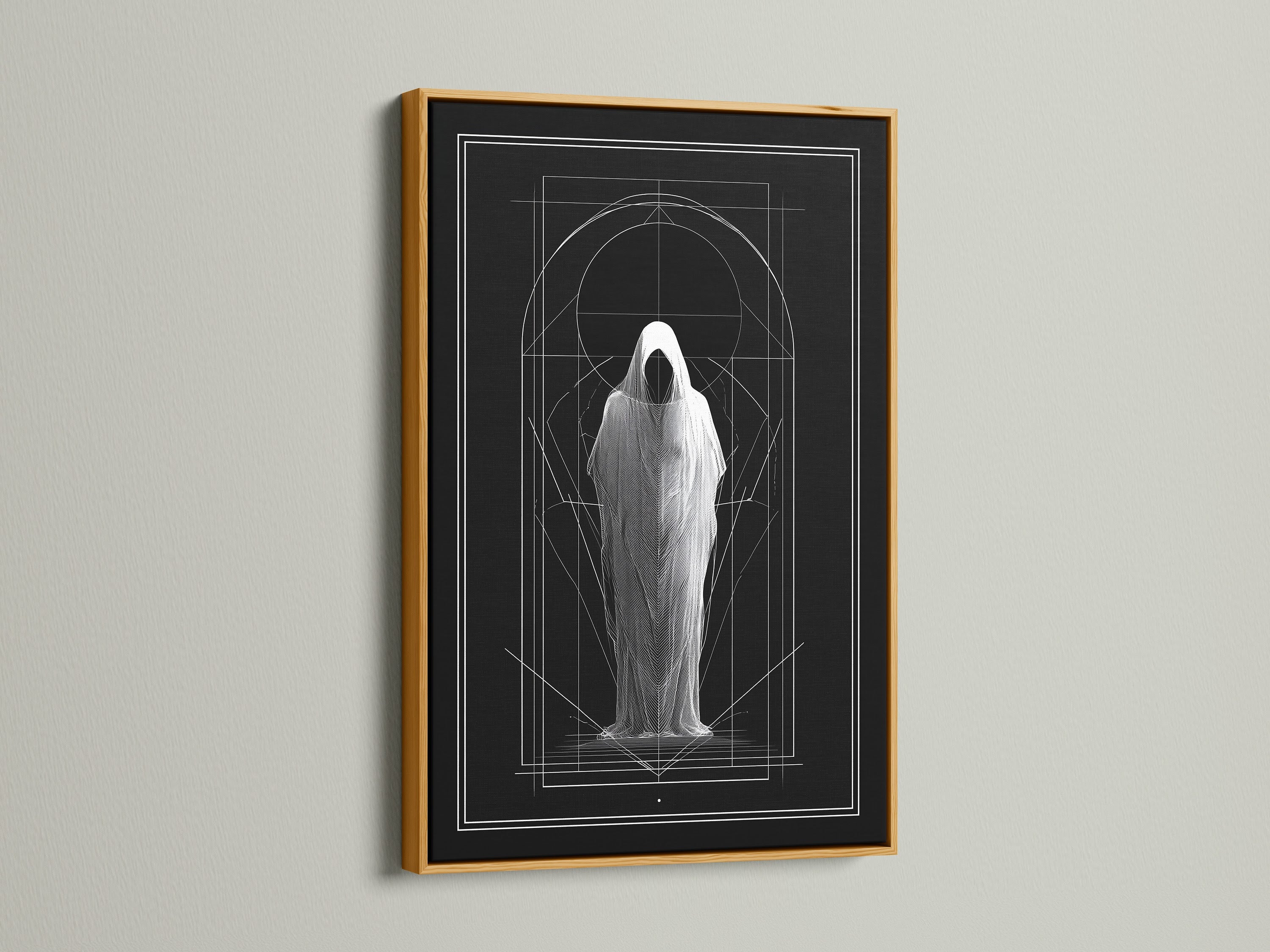 Artwork displayed in a gold frame. The art features a figure in a shroud. Geometric lines accent the piece. The gold frame brings elegance. Discover stretched canvas and fine art paper options. Choose a frame that complements your style. Transform your walls with art.