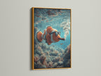 Gold Frame displaying a clownfish art piece. The art shows the clownfish smoking a cigar underwater. The gold frame brings a touch of luxury and elegance. It enhances the artwork's vibrant colors. Perfect for adding a glamorous touch to your home
