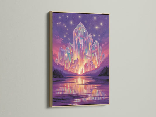 Crystal Fantasy Art Print with an oak frame. The purple landscape and mystical decor creates a surreal artwork. The crystal canvas is a perfect addition to fantasy prints and mystical wall art. Elevate your purple wall decor today.