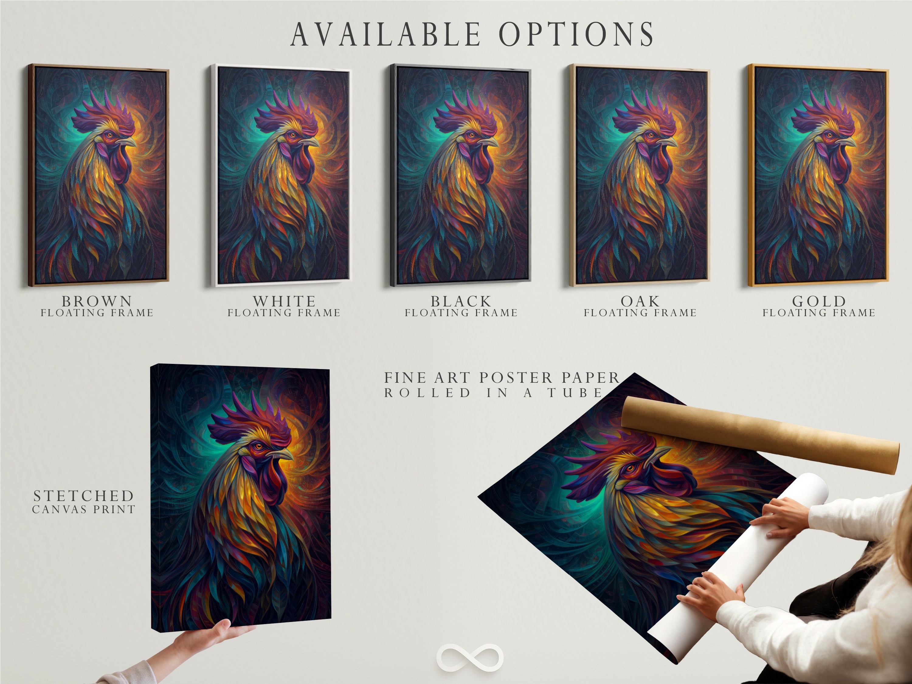 Available options for the rooster art print including a stretched canvas print fine art poster paper and floating frame. Customize your rooster artwork to fit your style. Perfect for farmhouse decor and country homes.
