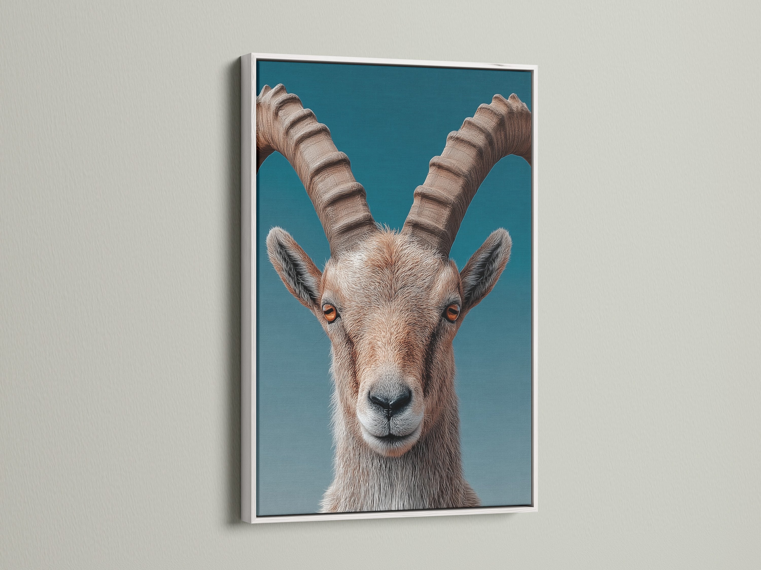 A white frame presents a captivating animal artwork. The clean crisp frame enhances the artwork. This combination brings modern elegance to any space. Perfect for minimalist and contemporary interiors. Explore the beauty of white frames.