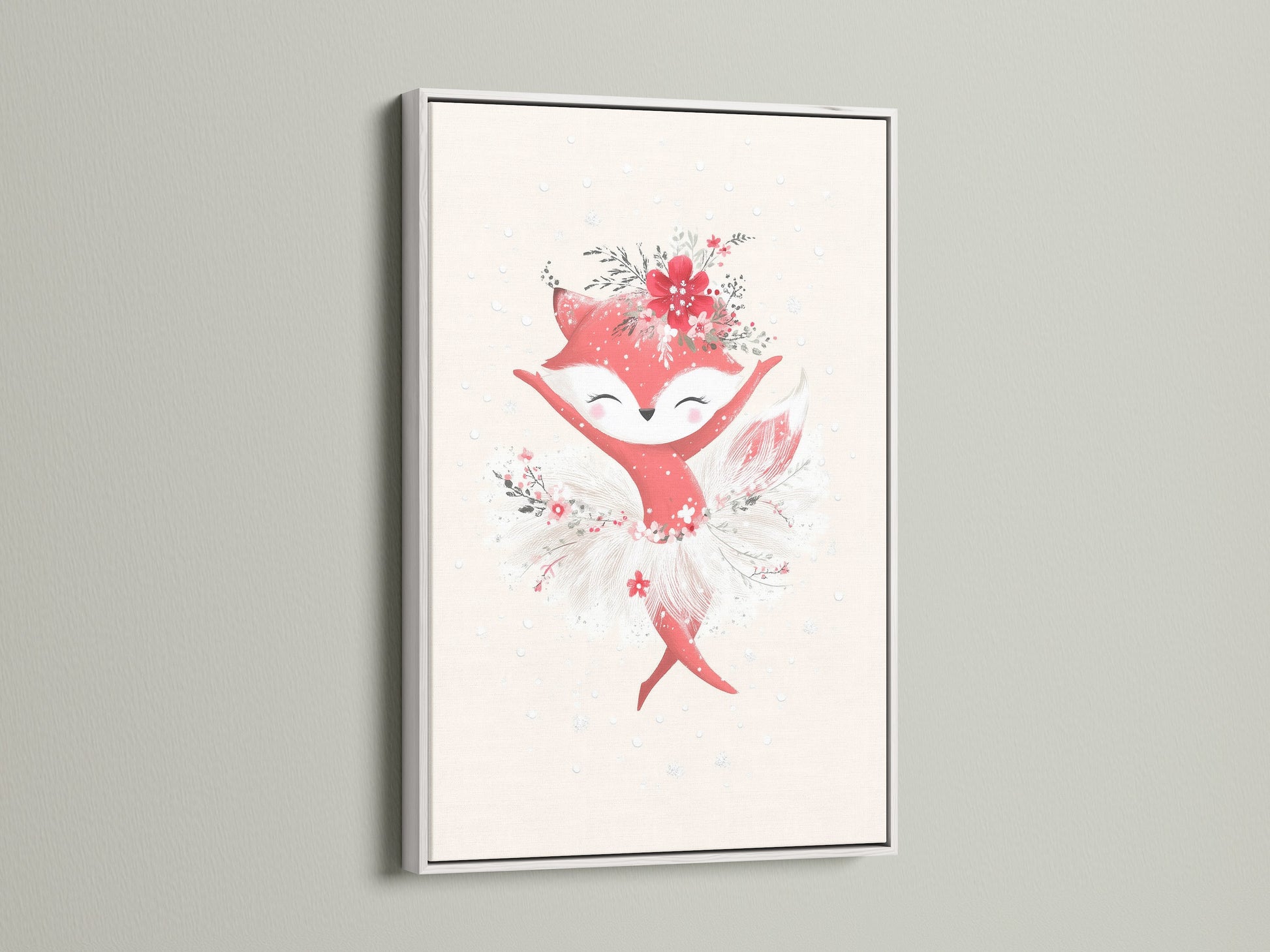 This image features a cute fox ballerina artwork framed in a clean white frame. The floral ballet poster enhances nursery prints and kid's wall art. It's a perfect piece for creating a loving and playful atmosphere in nurseries or playrooms with its Scandinavian-inspired aesthetic.