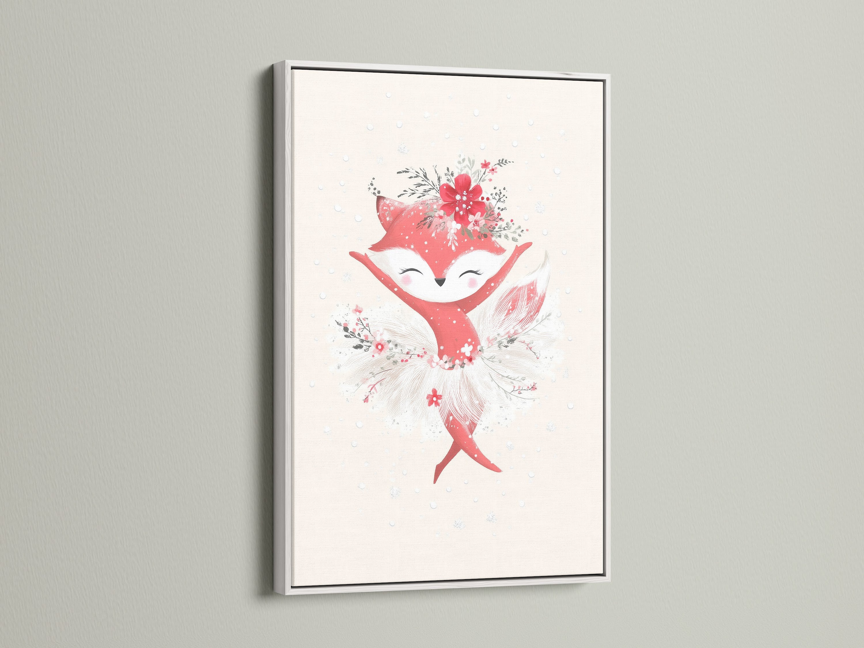 This image features a cute fox ballerina artwork framed in a clean white frame. The floral ballet poster enhances nursery prints and kid's wall art. It's a perfect piece for creating a loving and playful atmosphere in nurseries or playrooms with its Scandinavian-inspired aesthetic.