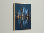 The Chicago skyline city canvas print is displayed in an oak frame. The natural wood complements the urban night photography. The artwork enhances living rooms bedrooms and offices with a touch of modern cityscape art.