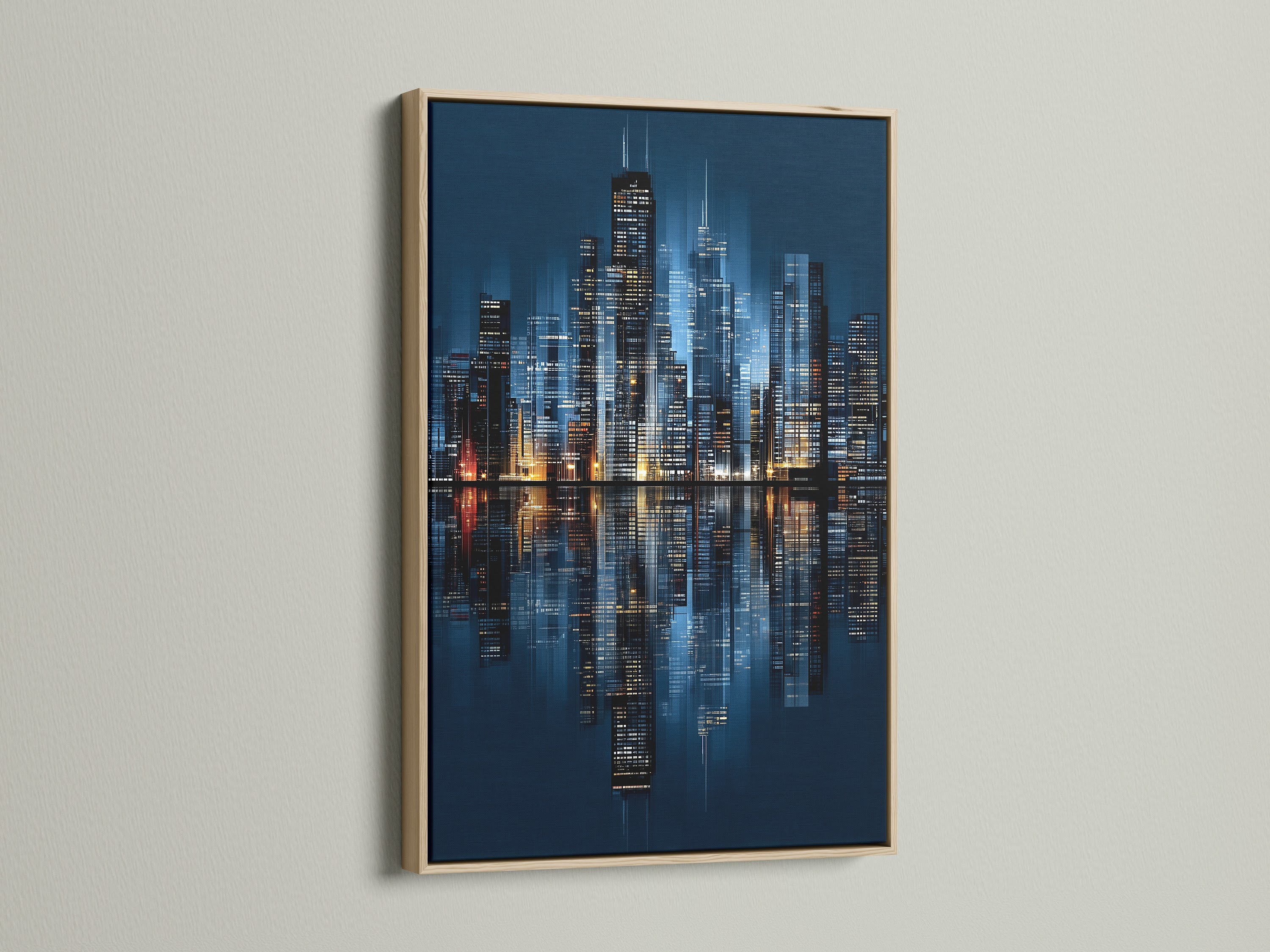 The Chicago skyline city canvas print is displayed in an oak frame. The natural wood complements the urban night photography. The artwork enhances living rooms bedrooms and offices with a touch of modern cityscape art.