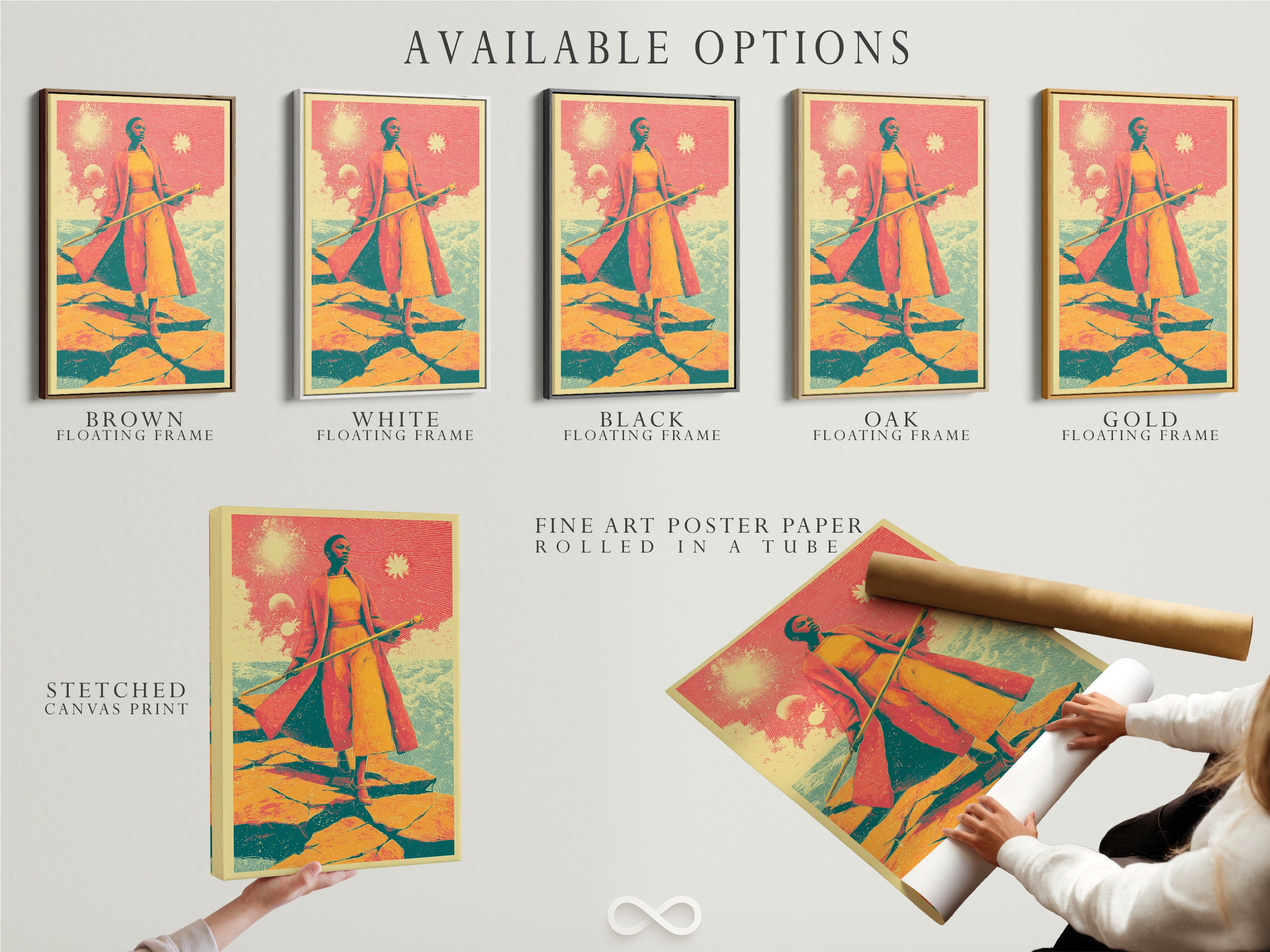 Available options for retro fantasy art. Choose between a stretched canvas print fine art poster paper or a floating frame. Personalize your vintage sci-fi woman canvas art. Create your perfect surreal desert wall decor. Elevate your space with retro poster art. The artwork fits modern or eclectic styles.
