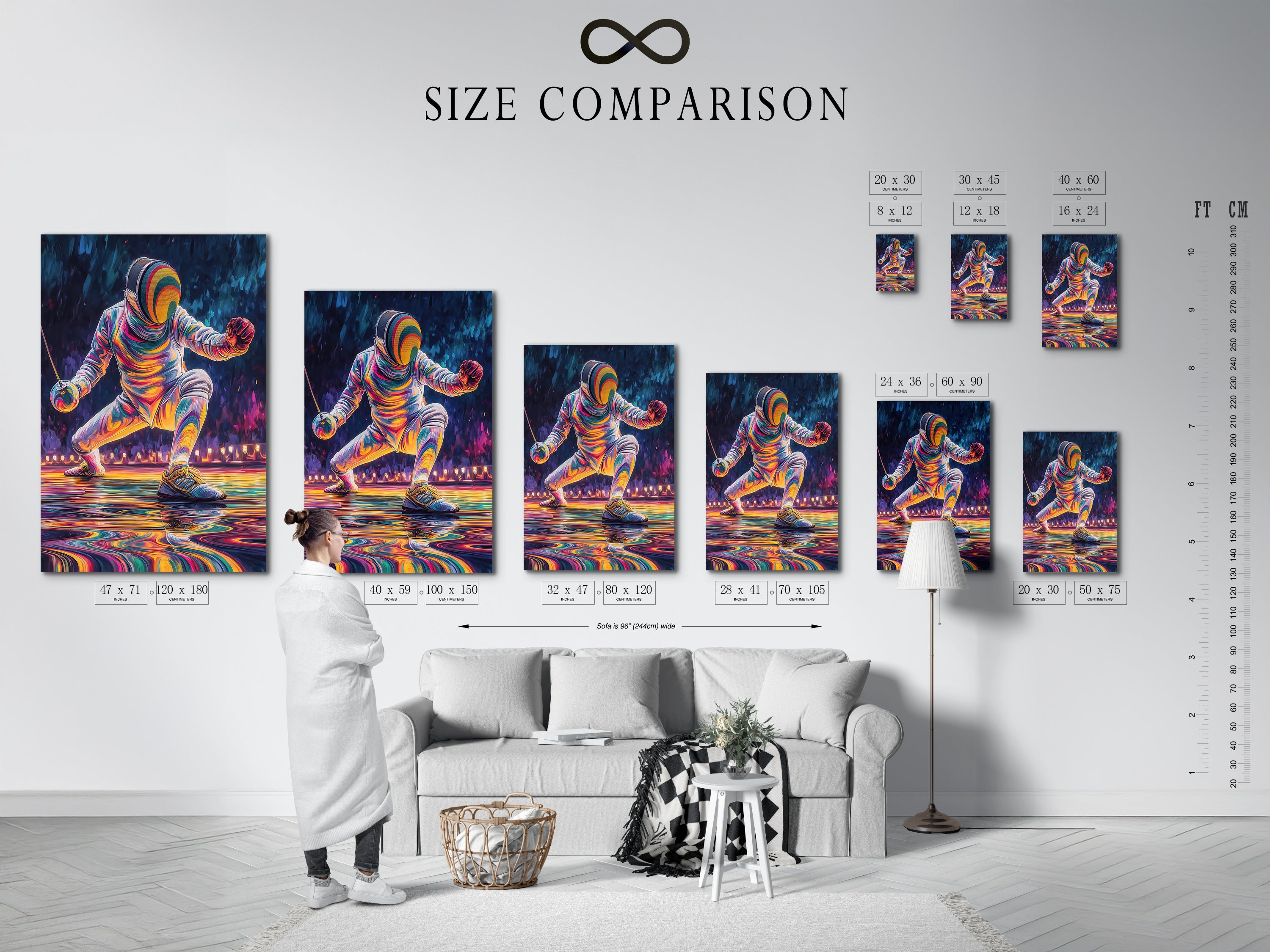 The size comparison chart is displayed in an interior setting. It helps you visualize the perfect fit for your space. Choose the ideal size for your fencer artwork. Whether it's for a gym a home or an office. Find the perfect dimensions for your art.