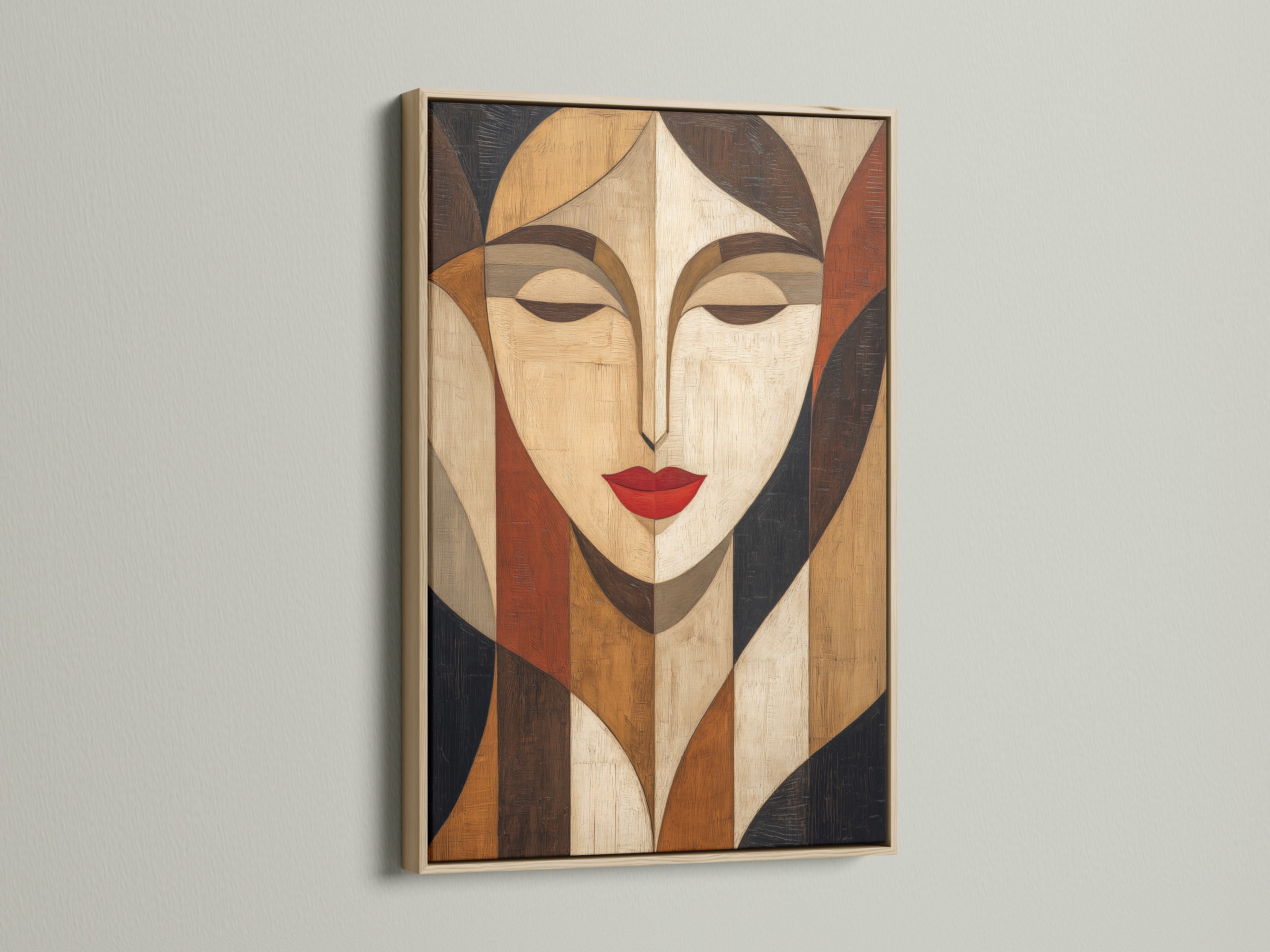 A captivating artwork is displayed in an oak frame. The oak frame enhances the artwork. The natural wood grain adds warmth. It creates a harmonious blend of modern art and classic framing. The artwork is displayed on a white wall.