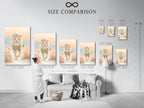 Size comparison chart displayed in an interior setting. The chart showcases various sizes of the lion artwork. See how each size fits in your space. Choose the perfect dimensions for your wall art.
