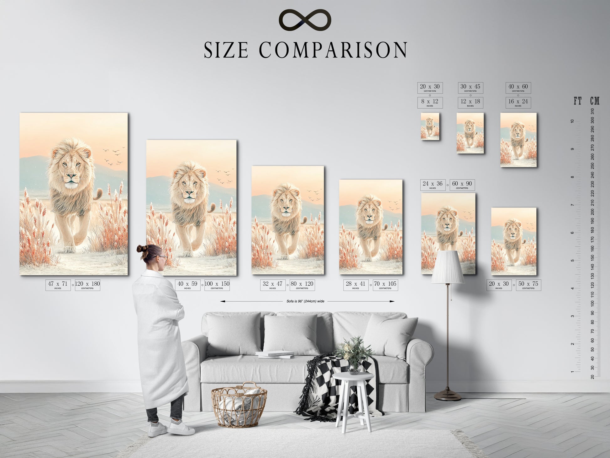 A size comparison chart shows the beige lion artwork in an interior. See how this animal canvas fits in your space. Choose the perfect size for your wall. Elevate your home decor today.