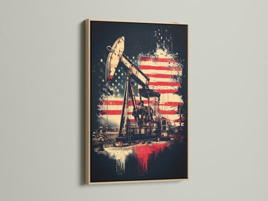 Oil Rig Canvas Print features American Flag Wall Art. This industrial decor is perfect as Patriotic Artwork. The artwork has an oak Frame. Ideal for office spaces garages workshops and living rooms. Vintage style americana art is great.