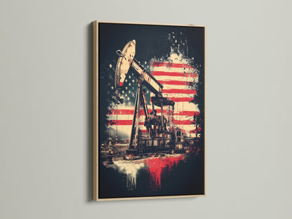 Oil Rig Canvas Print featuring an American Flag design and an oak frame. Add a touch of industrial and patriotic charm to your space. This artwork is ideal for Office Wall Decor or Man Cave Wall Art. The vintage style makes it a unique statement piece.