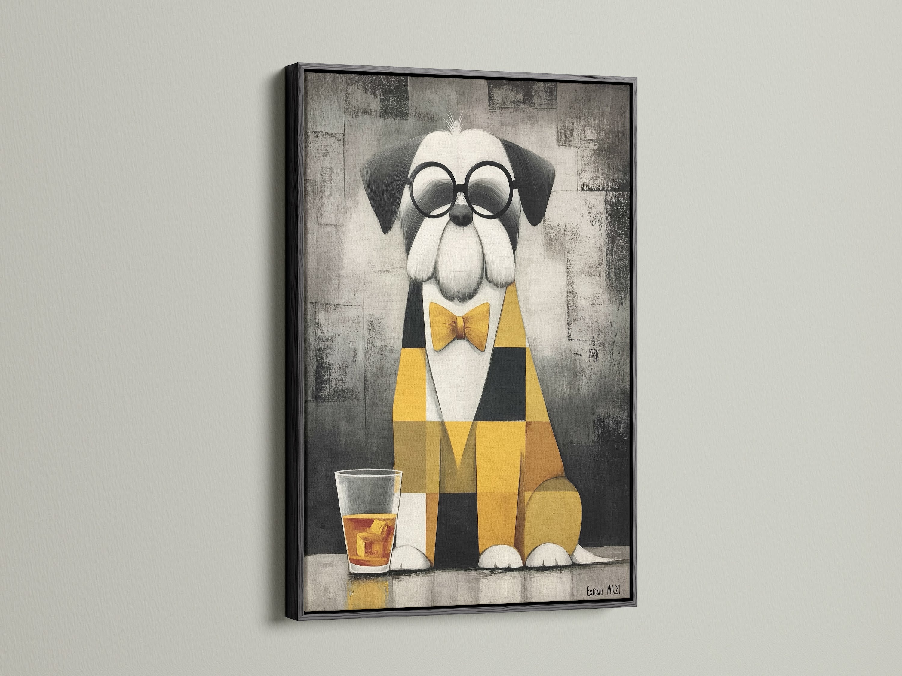 Dog with Bowtie artwork in a sleek black frame. This modern animal art print is perfect for urban dwellers and pet lovers. The ochre and gray color palette complements minimalist interiors. A great dog lover gift idea.