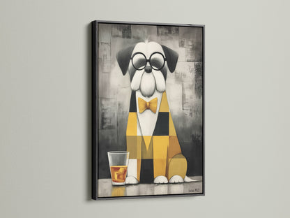 Dog with Bowtie artwork in a sleek black frame. This modern animal art print is perfect for urban dwellers and pet lovers. The ochre and gray color palette complements minimalist interiors. A great dog lover gift idea.